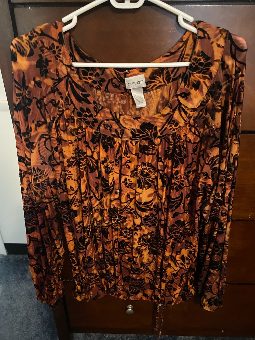 Chico's Black Floral Burnt Orange Velvet Top